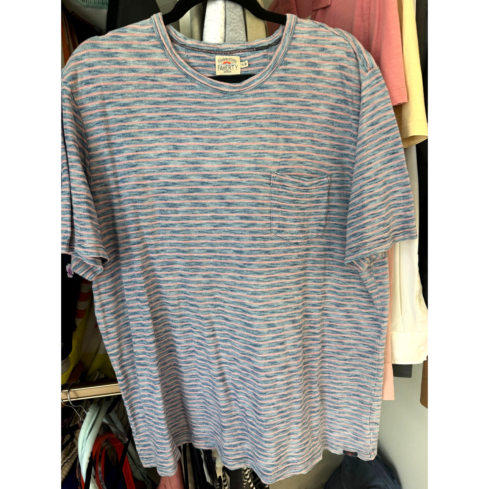 Faherty Men's Pocket Tee Short Sleeve Stripe Baypoint Blue Pink Size Xl